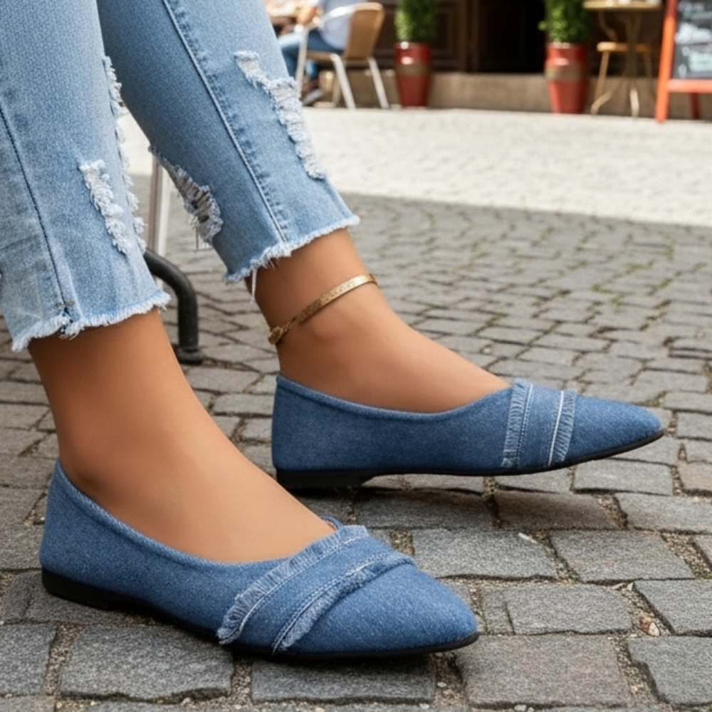 Denim Fringe Pointed Toe Flats Slip-On Artsy Shoes Retro 80s Vintage-inspired